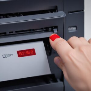A close-up shot of an Epson L3210 printer's control panel, specifically highlighting the red