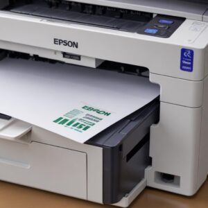 A close-up shot of an Epson L3210 printer with its power light blinking, and a computer screen showing a