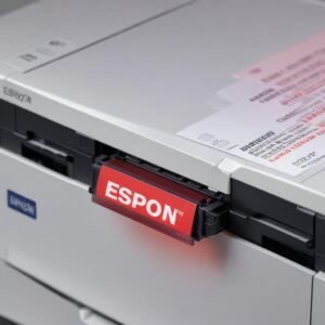 A close-up shot of an Epson L3210 printer with its indicator lights blinking red, showing an error message on a small screen or an overlay text bubble above it saying