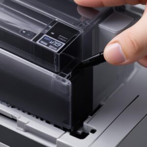 A close-up shot of an Epson L3210 printer's ink tank showing the black ink level clearly visible.