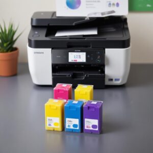 A close-up shot of an Epson L3210 printer's ink tanks, clearly showing the colorful inks and their levels. The background is slightly blurred office environment.