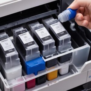 A close-up shot of an Epson L3210 printer's ink tanks being refilled with genuine Epson ink bottles, highlighting the ease and cleanliness of the process.