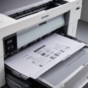 A close-up shot of an Epson L3210 printer with its scanner lid open, showing a document placed on the flatbed glass, ready to be scanned. The printer's control panel is visible with clear buttons.