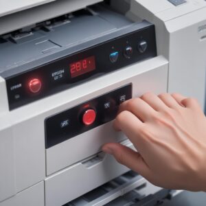 A close-up shot of an Epson L3210 printer's control panel, specifically highlighting the blinking red ink and paper indicator lights, with a frustrated user's hand hovering nearby.