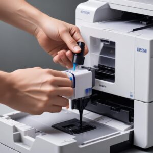 A close-up shot of an Epson L3210 printer's ink tanks being refilled, with a hand carefully pouring ink from an official Epson ink bottle.