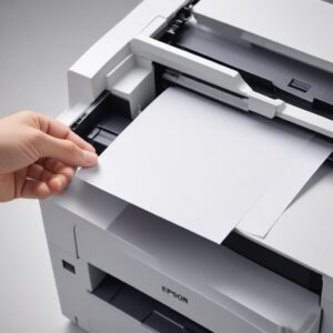 A close-up shot of an Epson printer's paper output tray with a single blank sheet of paper coming out, illustrating the