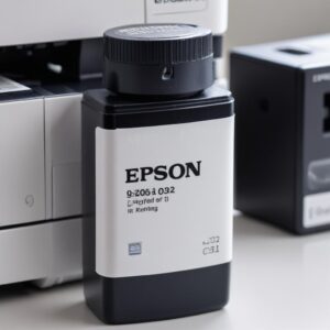 A close-up shot of an original Epson 003 ink bottle, showing its label and tamper-proof seal, placed next to an Epson L3210 printer with its ink tank visible. The background is clean and bright.