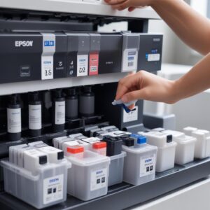 A close-up shot of original Epson EcoTank ink bottles being refilled into the printer's tanks, emphasizing the ease and cleanliness of the process.