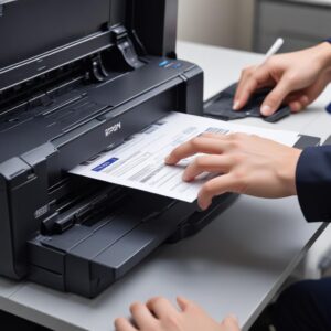 A close-up shot of someone's hand carefully updating a printer driver on a laptop screen, with the Epson L3210 printer visible in the background, implying expertise and solution.