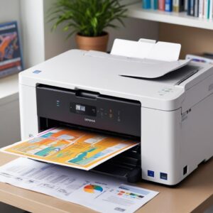 A close-up shot of the Epson L3210 Ecotank All-In-One printer, highlighting its sleek design and the visible ink tanks. The printer is on a clean desk with some colorful printed documents next to it.