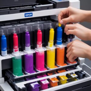 A close-up shot of the Epson L3210 printer's ink tanks being refilled with vibrant colored ink bottles, emphasizing the ease of refilling and the visible ink levels.