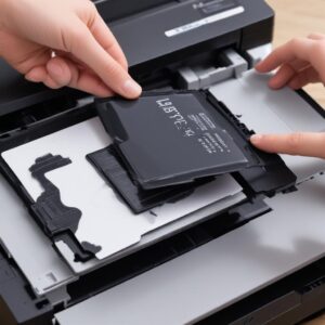 A close-up shot of the Epson L3210 printer's waste ink pad, visibly soaked with ink, with an arrow pointing to it. A hand could be holding a small software window for