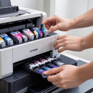 A close-up shot of the Epson L3210 ink tank system, showing the integrated tanks being refilled with bottled ink. Hands are carefully pouring ink.