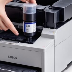 A close-up shot of the Epson L3210's ink tank being refilled with an Epson 003 series ink bottle. The focus is on the spill-free design of the bottle and tank, highlighting ease of use.