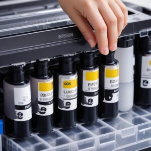 A close-up shot of the Epson L3210's ink tanks being refilled with Epson 003 ink bottles, highlighting the ease of refilling and the clear view of ink levels.