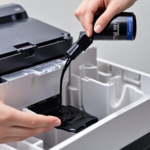 A close-up shot of the ink tank refilling process for an Epson L3210 printer, showing a hand carefully pouring ink from a bottle into the tank without spillage. Emphasize the anti-spill design.