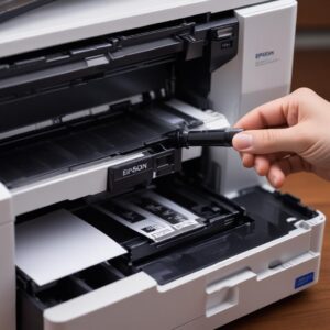 A close-up shot of the ink tanks of an Epson L3210 printer, showing ink levels and a hand refilling one of the tanks.