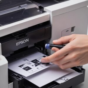 A close-up shot of the ink tanks of an Epson L3210 printer, showing ink levels and a hand refilling one of the tanks.