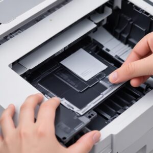 A close-up shot of the internal part of an Epson L3210 printer, highlighting the waste ink pad area with a new, clean ink pad being inserted.