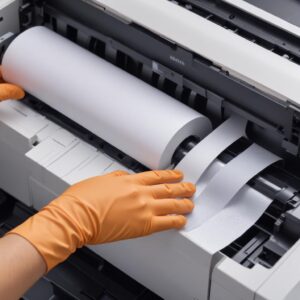 A close-up shot of the paper feeder rollers inside an Epson L3210 printer, being cleaned gently with a microfiber cloth by a hand wearing a glove.