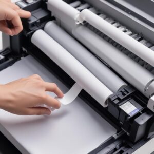 A close-up shot of the paper feeder rollers inside an Epson L3210 printer, being cleaned by a person using a cotton swab slightly dampened with alcohol. The rollers are dark and have visible texture.