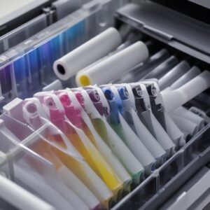 A close-up, slightly magnified view of an Epson L3210 printer's internal ink tubes, clearly showing a blockage or air bubble in one of the tubes, contrasting with other clear tubes. The background is slightly blurred but suggests a home office environment.