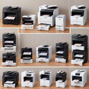 A collage of different Epson printer models (L3210, L8050, M2140, L6270) with price tags hovering above each, emphasizing variety and price comparison.