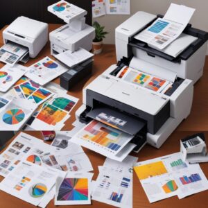 A collage of various printed materials (text documents, colorful photos, graphs) coming out of an Epson L3210 printer, representing versatility and efficiency.