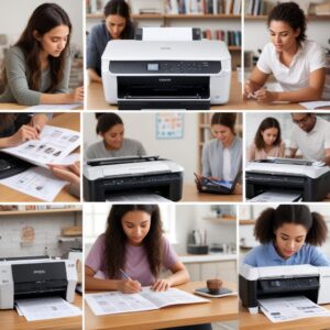 A collage of various uses of an Epson L3210 printer: a student printing a thesis, a small business owner copying documents, and a family printing photos, all emphasizing its versatile and economical nature.