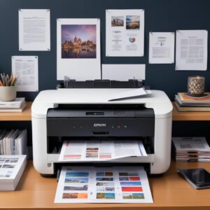 A collection of various printed documents and photos (text documents, colorful images) proudly displayed next to an Epson L3210 printer, showcasing its high-quality output.