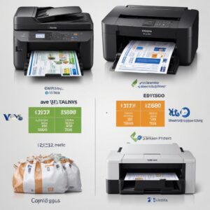 A comparison infographic showing the cost savings of Epson L3210's EcoTank system vs. traditional cartridge printers, with money bags and printed documents.