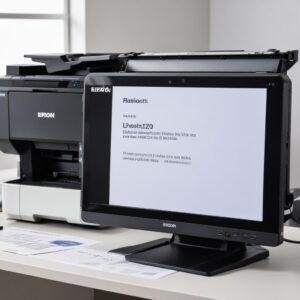 A computer screen showing a successful driver installation confirmation message for the Epson L3210, with a printed test page happily coming out of the printer next to the monitor.