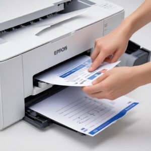 A crisp, perfectly printed test page coming out of an Epson L3210 printer, with a happy person's hand reaching to pick it up, symbolizing successful setup and printing.