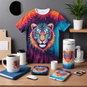 A diverse collection of custom sublimation products like a t-shirt with a colorful design, a personalized coffee mug, a customized phone case, and a mousepad, all displayed neatly.