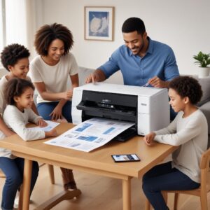 A family happily printing documents wirelessly from different devices (tablet, smartphone, laptop) to a single Epson L3210 printer placed conveniently in a living room.