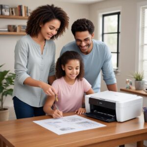 A family (parents and child) happily printing homework and photos with an Epson L3210 printer in a cozy home office setting, emphasizing its suitability for home and student use.