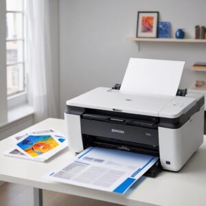 A freshly printed, vibrant color document or photo coming out of an Epson L3210 printer, showcasing perfect color reproduction. The printer is shown in the background.