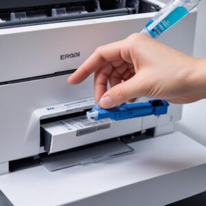 A hand carefully holding a small syringe filled with cleaning solution, gently applying it to the print head of an Epson L3210 printer, emphasizing caution and precision.