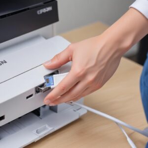 A hand holding a USB cable, about to connect it to a modern inkjet printer like the Epson L3210. The printer is on a clean desk next to a laptop. Bright, clear lighting.