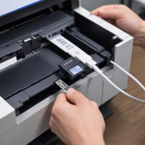 A hand holding a USB cable, connecting it directly to the back of an Epson L3210 printer, emphasizing the importance of a direct connection for the reset process. A desktop computer monitor in the background shows a simplified'Adjustment Program' interface.