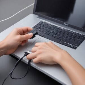 A hand holding a USB cable connecting a laptop to an Epson printer, emphasizing the physical connection required for the reset process.