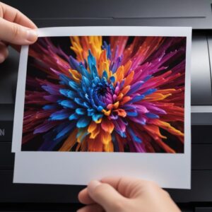 A hand holding a perfectly printed, glossy photo with rich colors and sharp details, emerging from an Epson printer. The background is slightly blurred, emphasizing the high-quality print.