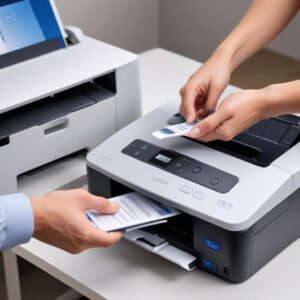 A hand holding a smartphone about to print a document, with a modern Epson EcoTank Wi-Fi printer (like L3250 or L3260) visible in the background, suggesting wireless printing.