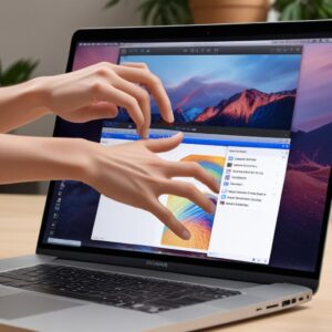 A hand interacting with a MacBook Pro screen, showing