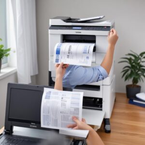 A happy person holding up a perfectly printed document, with an Epson L3210 printer and laptop in the background, symbolizing successful cleaning and maintenance.