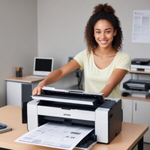 A happy person printing documents from an Epson printer, which is now working perfectly, signifying the successful resolution of the printer error.