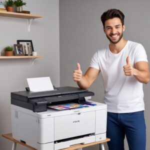 A happy person smiling and giving a thumbs-up while standing next to their Epson L3210 printer, which is now successfully printing a colorful document, symbolizing a successful fix and relief.