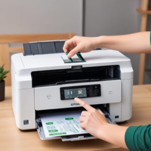 A happy person successfully printing a document from their Epson L3210 printer, which now has a steady green power light, indicating it's ready. The person gives a thumbs-up.