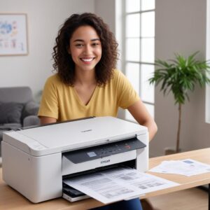 A happy person successfully printing documents from their Epson L3210 printer, with smooth paper coming out and a satisfied smile on their face.