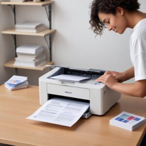 A happy person successfully printing documents from their now-working Printer Epson L3210, with a stack of printed papers next to it.